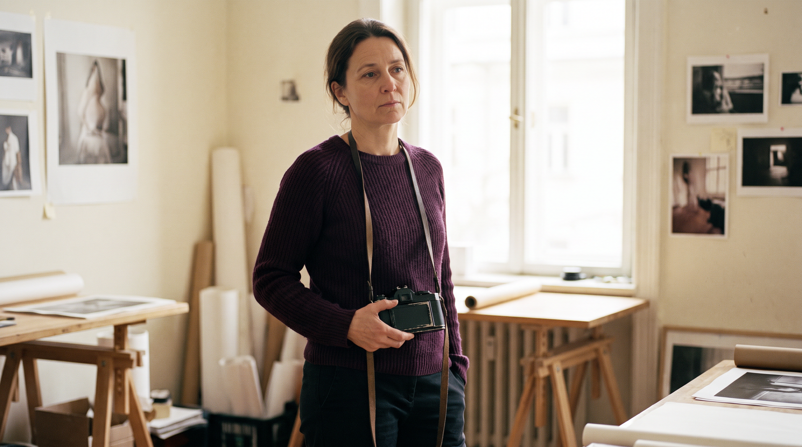 Fotografin mit Kamera in einem ruhig beleuchteten Arbeitsraum