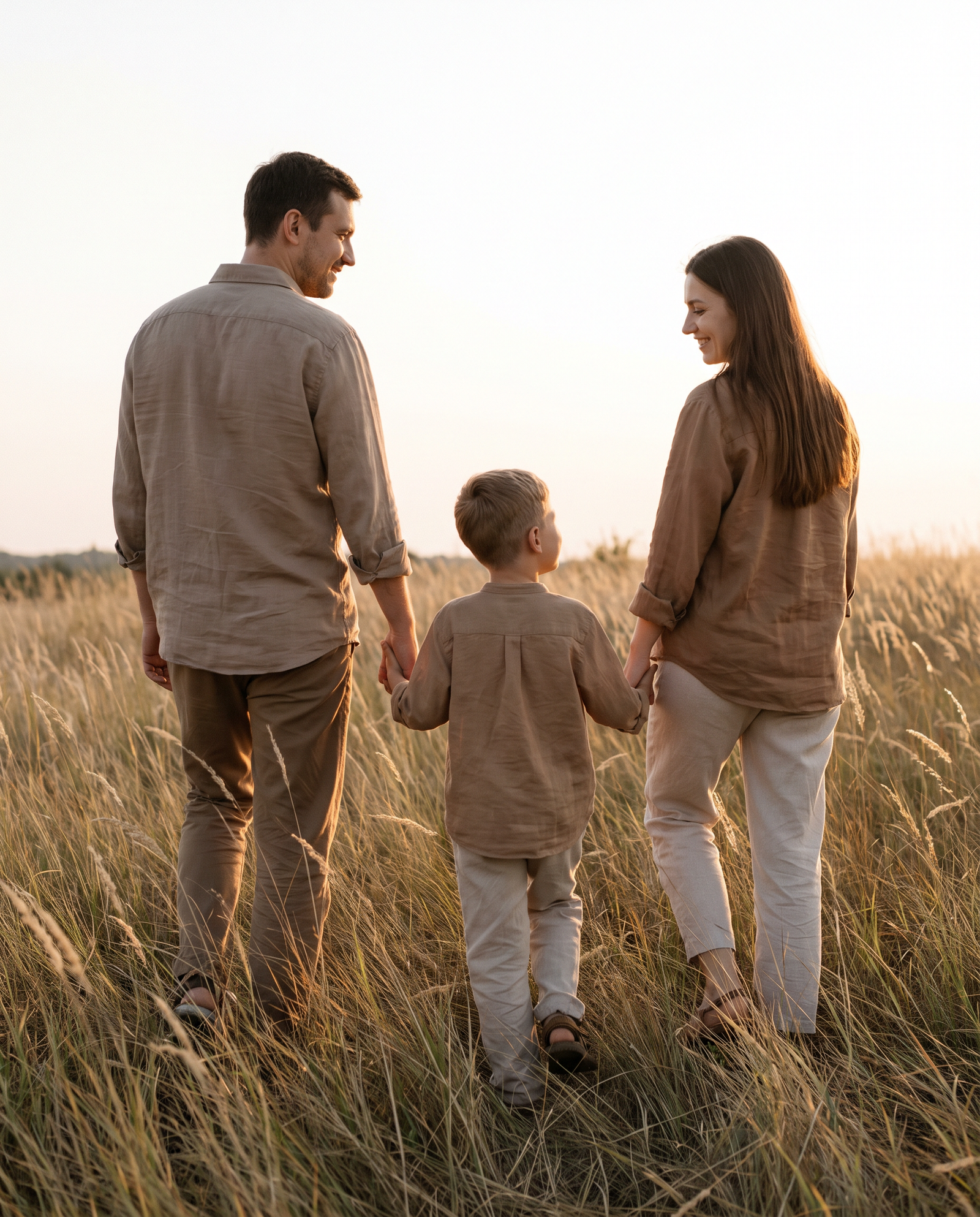 Familie bewegt sich gemeinsam durch hohes Gras