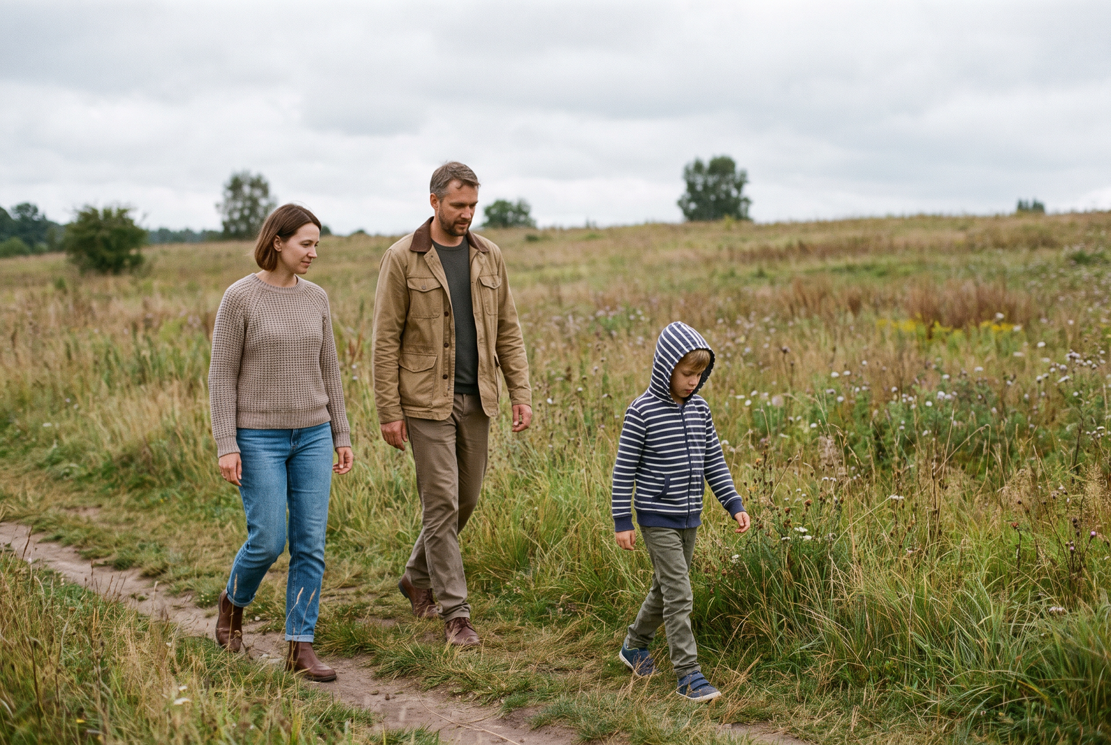 Familie bei einem entspannten Spaziergang im weichen Licht